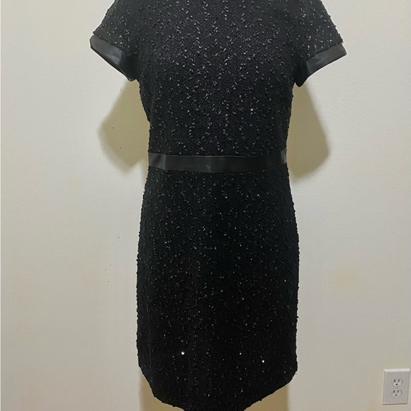 Karl Lagerfeld Black Textured Dress with Faux Leather Trim - Picture 4 of 9